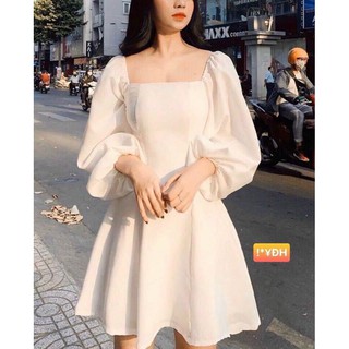 Đầm tiểu thư cổ vuông tay voan bồng Ảnh thật
