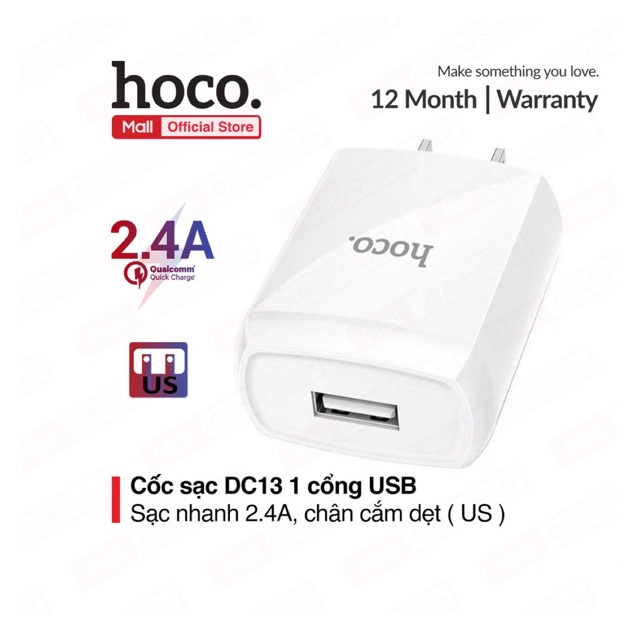 Củ sạc DC13 1 cổng USB, sạc nhanh 2.4A, tương thích với nhiều dòng điện thoại, chân cắm dẹt tiêu chuẩn US