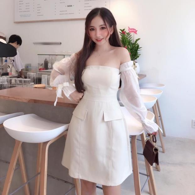 A Đầm thiết kế WONDER HOUSE bẹt vai cúp ngực tay dài phối ánh kim dự tiệc, dạo phố sang chảnh - Kiwi Dress