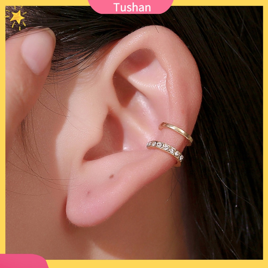 TUSH 1Pc Women Rhinestone Double Layer Ear Cuff Clip On Earring Non Piercing Jewelry