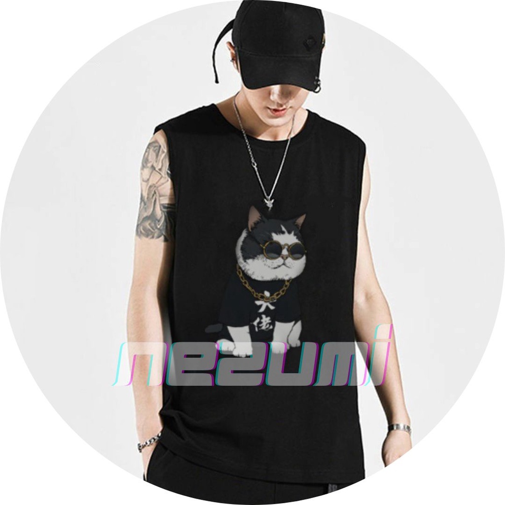 (Sẵn Đen, Trắng XL) ÁO TANK TOP UNISEX NAM NỮ COTTON 95%, ÁO BA LỖ TẬP GYM MÈO KÍNH ĐEN