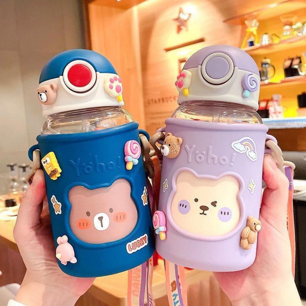Bình nước cute 620ml có dây đeo và ống hút BN33 - BaloGigo