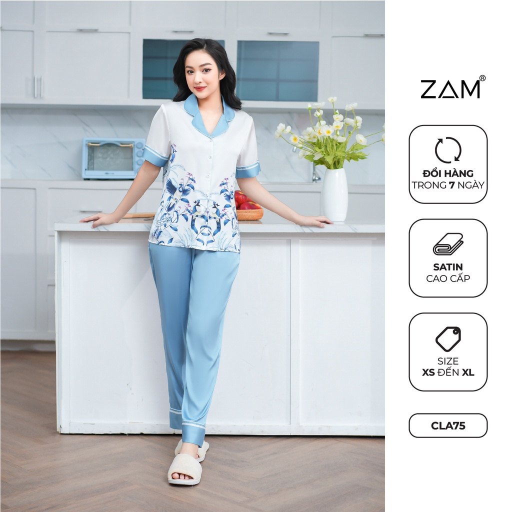 Bộ ngủ satin ZAM Luxury - CLA75 - áo ngắn tay quần dài hoạ tiết