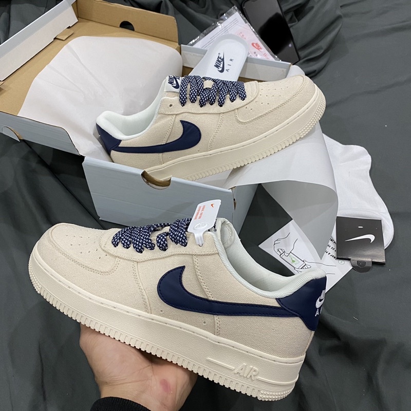 Giày AF1 CANVAS NAVY - Giày Thể Thao air force 1 Vải Kem Sữa Hót trend Màu Be Kem Tích Xanh nam Nữ Full Phụ Kiện