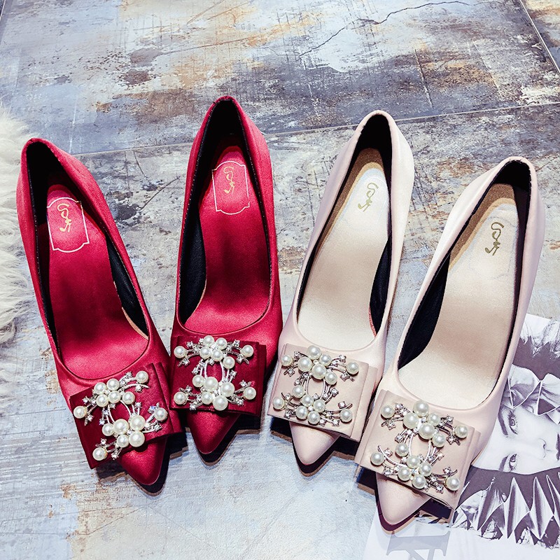 👠 Giày cao gót mũi nhọn Lụa mềm đính cườm 👠