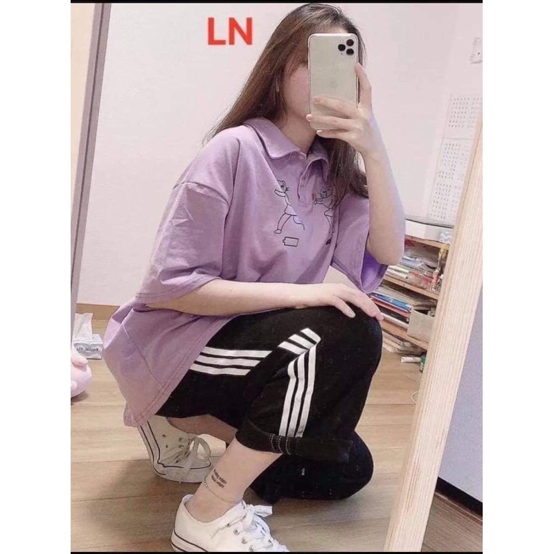 Sét áo polo hai con mèo chạy+ quần ba sọc rộng