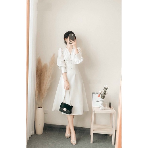 Đầm Midi dáng dài dự tiệc cổ V nhún ngực tay lỡ nút bọc vải Cotton trắng mặc đi làm, mặc đi tiệc Thaingashop D0509