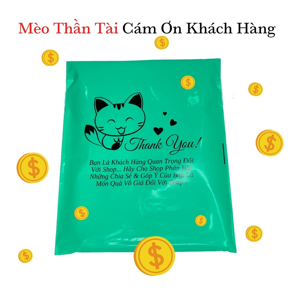 Túi Gói Hàng TUIGOIHANGHL Màu Xanh Mint In Mèo Thần Tài & Cám Ơn Khách Hàng Size 25x35 Túi Đóng Hàng XM02