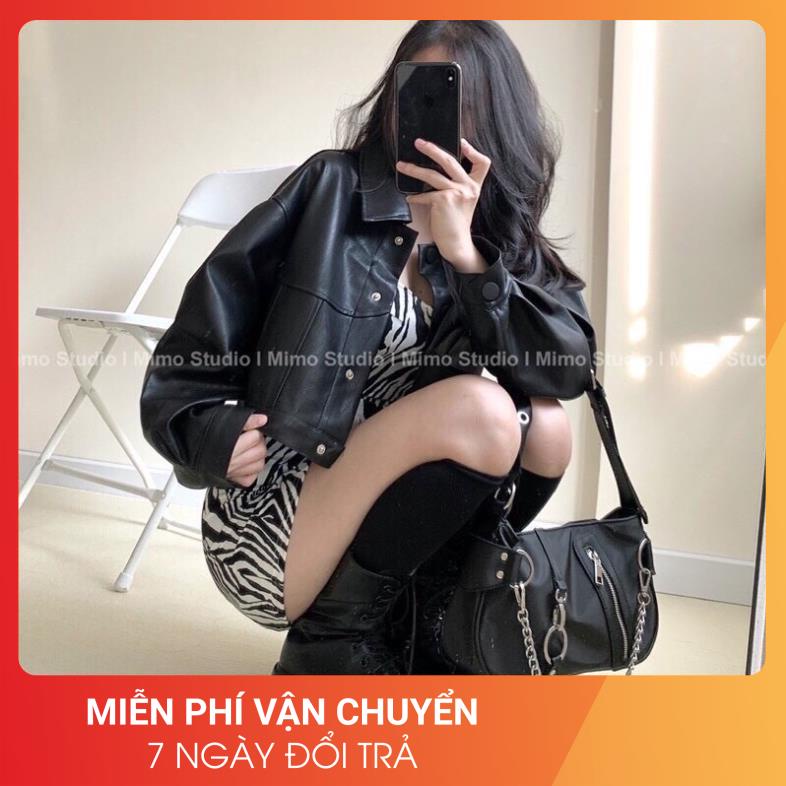 [Loại 1] Áo Khoác Da Croptop 24April [FREESHIP] Jacket biker tay bồng cá tính màu đen,dáng ngắn thể thao Ulzzang