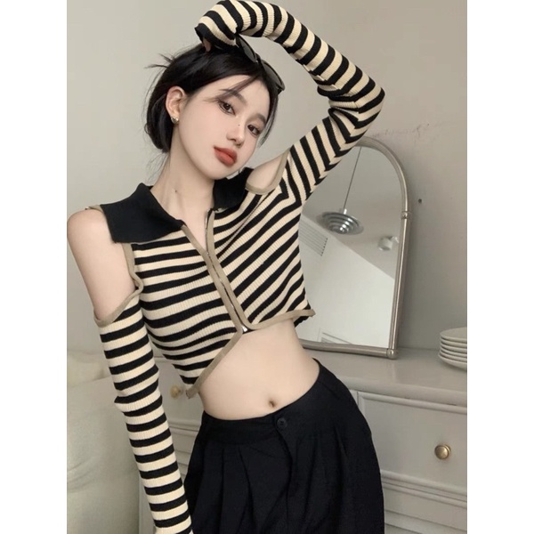 áo len dệt kim cổ bẻ kéo khoá kiểu hở vai (50058#)