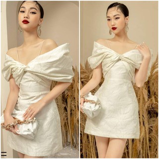 Đầm trắng đi tiệc hai dây, trễ vai, dáng xòe sang trọng - chất liệu vải gấm - Krytas
