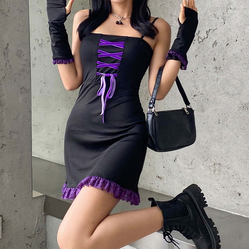 Đầm Mini Không Tay Phối Ren Phong Cách Gothic Gợi Cảm Cho Nữ