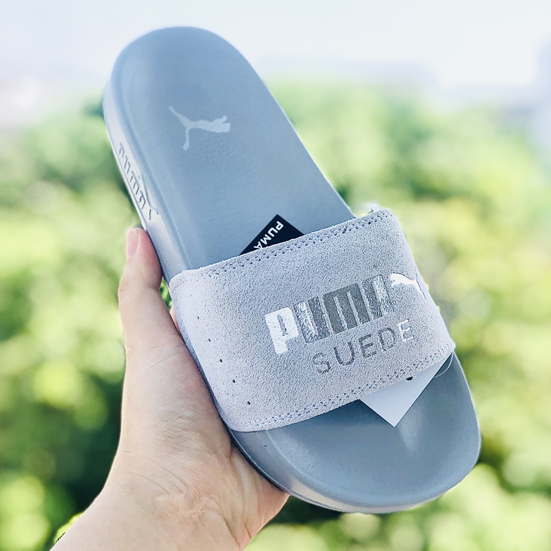 Dép puma da lộn, FREESHIP + Hộp hãng, dép puma quai ngang hình con báo nam nữ thể thao kèm tem tag mác,full xám