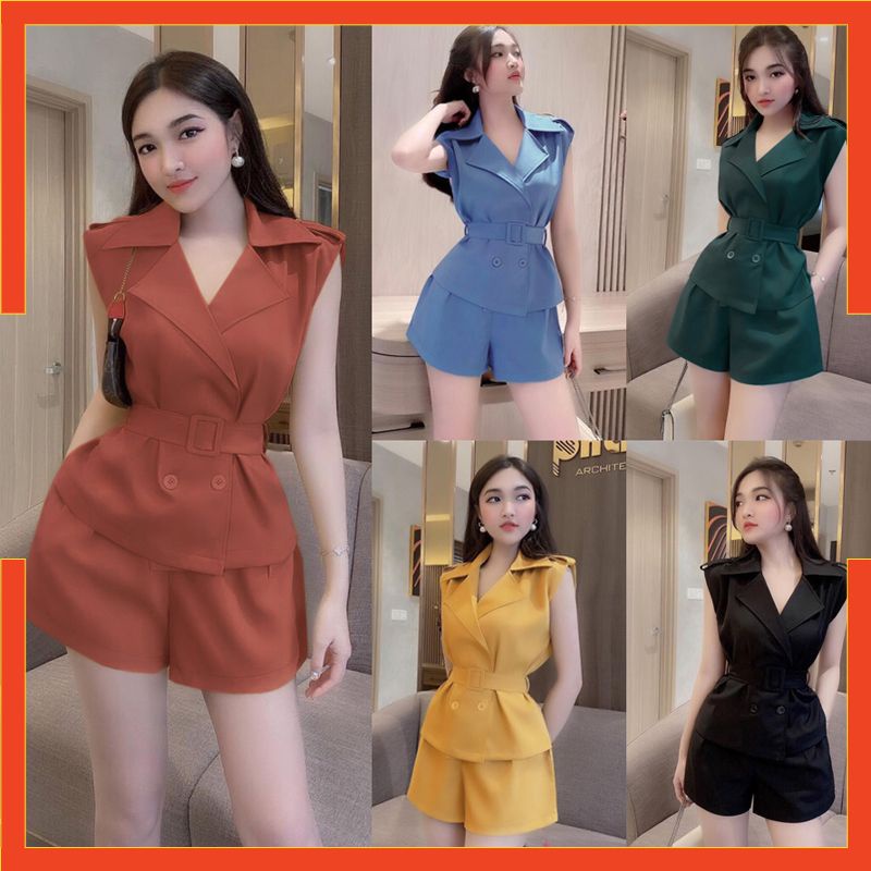 Set Đồ Bộ 🎁FREESHIP🎁 Set nguyên bộ quần short lưng thun áo cổ vest kèm belt rời Mã số: TJ1168
