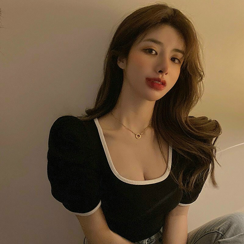 ÁO THUN GÂN NỮ ÔM BODY TAY PHỒNG PHỐI BO VIỀN SIÊU XINH XẮN HOT TREEND