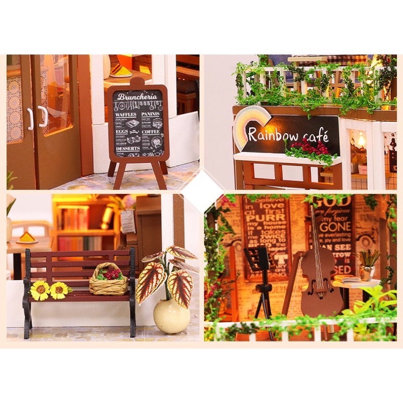 (Tặng mica,keo sữa,đèn)Nhà búp bê bé tự lắp ráp đô chơi Mô hình gỗ diy doll house tiệm cafe M906