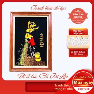 Tranh treo tường phòng khách, Tranh thêu Chữ LỘC thêu sẵn 60X40cm