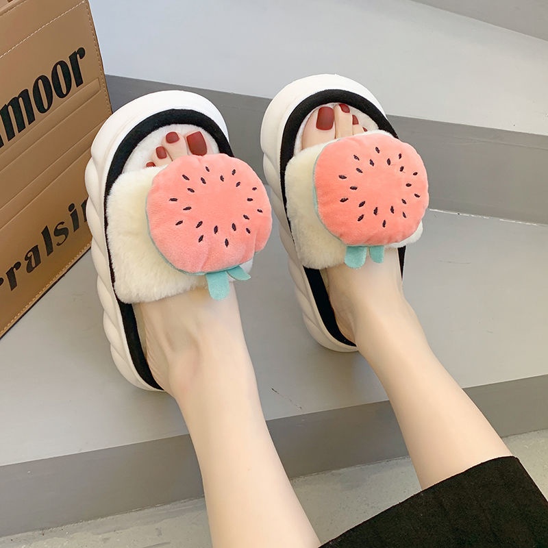 Dép Đi Trong Nhà Đế Dày Phối Lông Nhung Dễ Thương Xinh Xắn Dành Cho Nữ