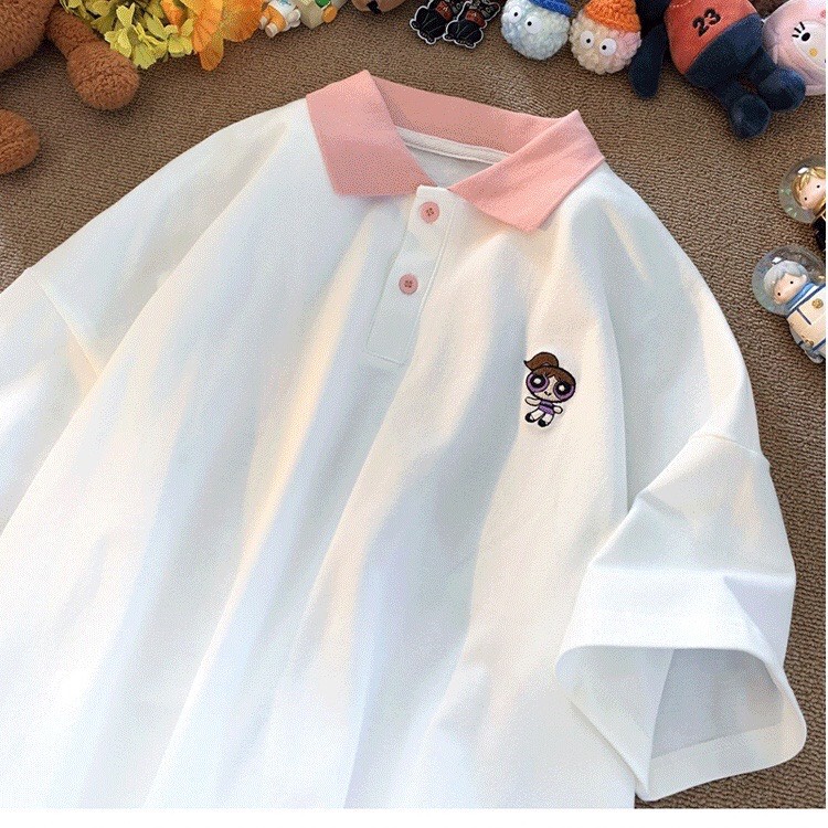Áo polo unisex thêu logo cute - Áo thun nữ tay lỡ cổ bẻ chất cotton mềm mát dễ phối đồ màu trắng, xanh dương, xanh lá