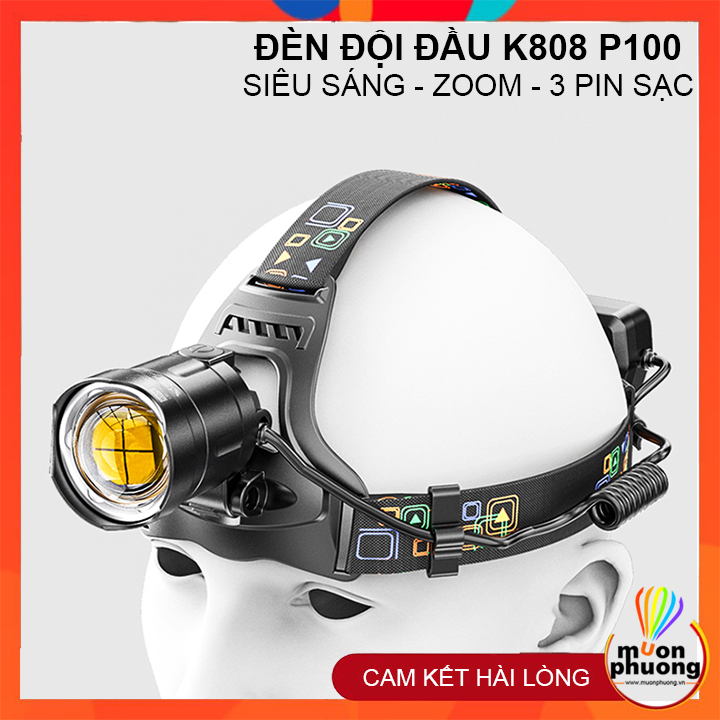 Đèn pin đội đầu siêu sáng K808 - P90 chống nước cao cấp kèm 3 pin sạc - MUÔN PHƯƠNG SHOP
