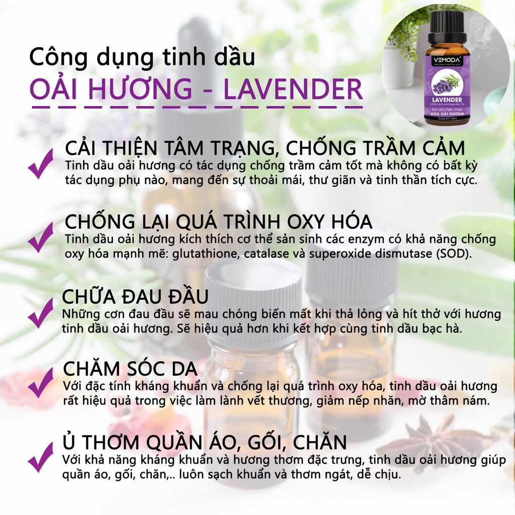 Tinh dầu Oải hương cao cấp VEMODA 50ML khử mùi, tinh dầu xông phòng, thơm phòng, để phòng ngủ, thư giãn, giúp ngủ ngon