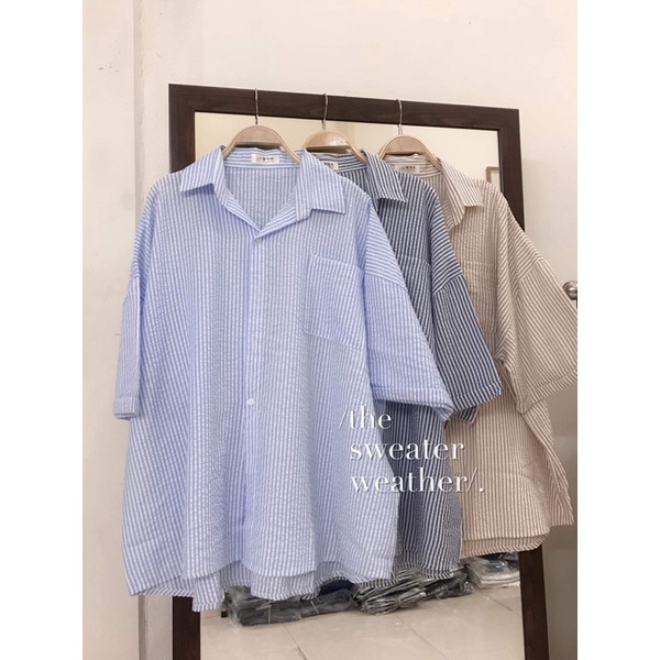 [Mã SKAMSALE8 giảm 10% đơn 200K] Áo sơ mi nữ ngắn tay kẻ có cổ oversize đũi nhăn form siêu rộng