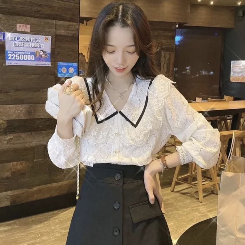 Áo Sơ Mi Tay Dài Cổ Búp Bê Phối Ren Phong Cách Phương Tây Cho Nữ