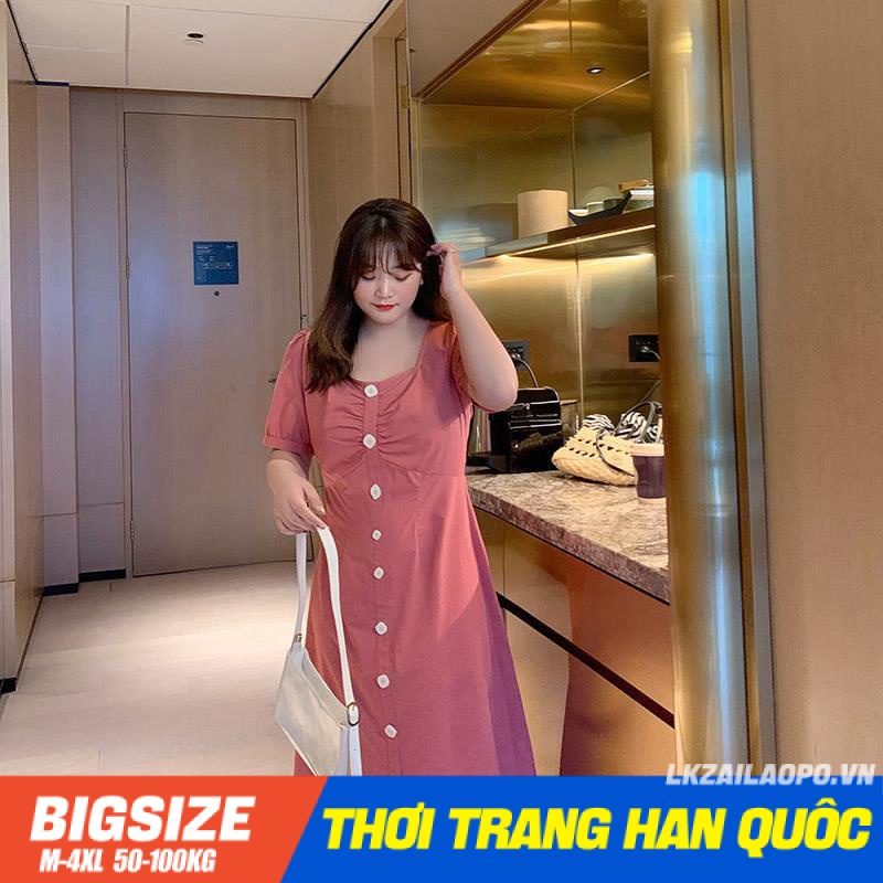 Đầm dáng dài Bigsize Váy nữ tay ngắn cổ vuông mùa hè Phong cách Hàn Quốc Thời Trang tiểu thư cá tính xinh đẹp cho người mập béo
