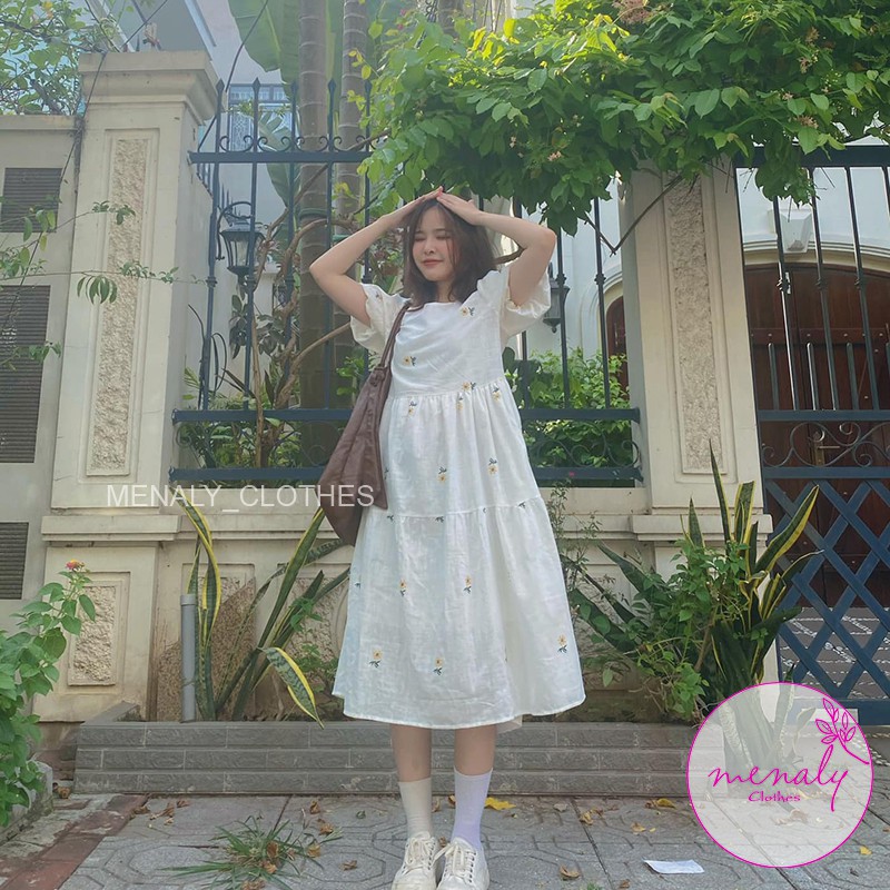 Đầm váy babydoll hoa nhí dáng dài tay bồng VH039, mẫu váy hoa cúc vintage qua gối bầu bí bon chen được