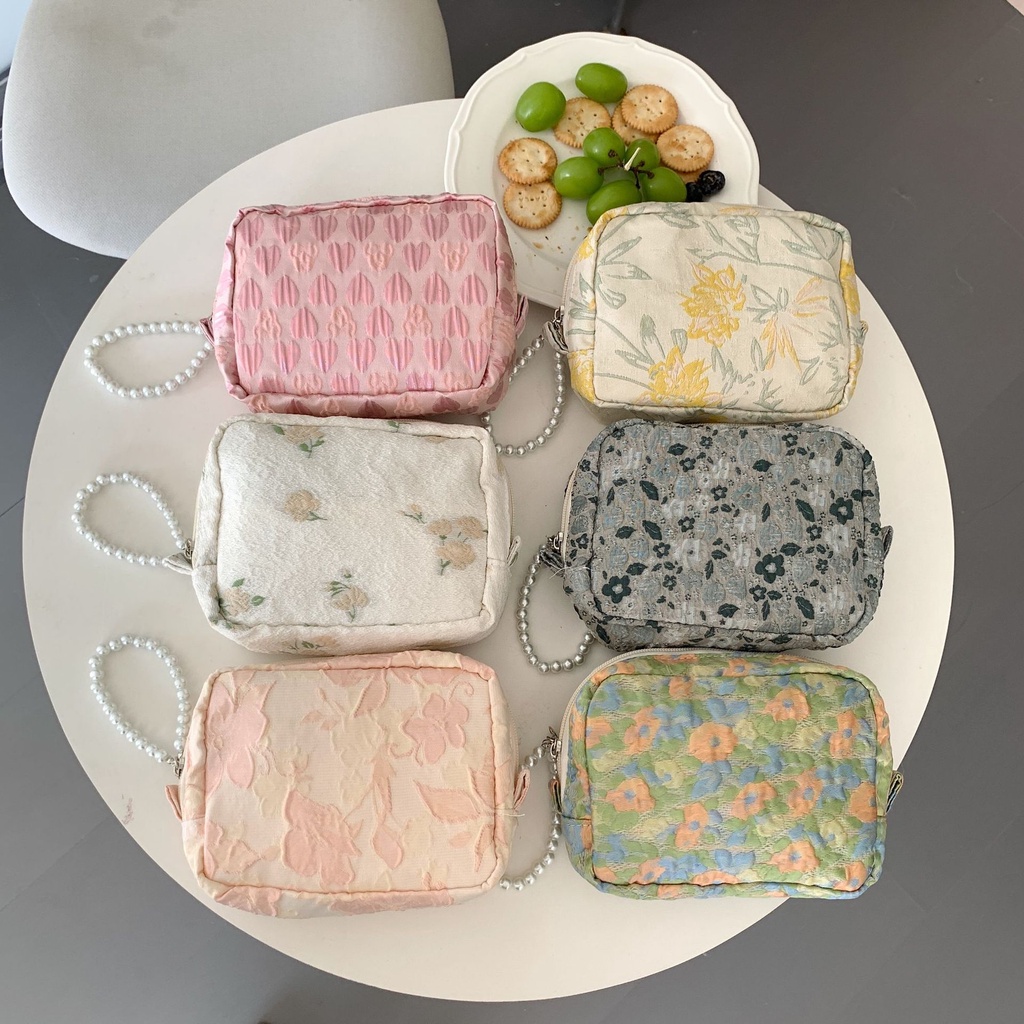 Túi Đựng Mỹ Phẩm Nhỏ Cầm Tay Đính Ngọc Trai Giả Dập Nổi Họa Tiết Thanh Lịch Thời Trang Cho Nữ