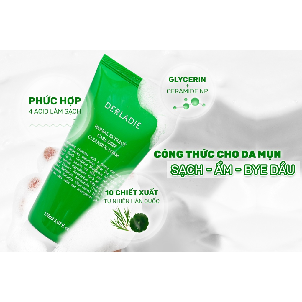 Sữa Rửa Mặt Tràm Trà Derladie Sạch Sâu, Kiềm Dầu Cho Da Mụn Derladie Herbal Extract Care Deep Cleansing Foam 150ml