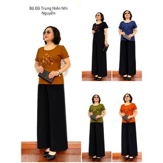 Đồ Bộ Trung Niên  Đũi - Áo Kiểu Cộc Tay Thêu Ngực Cao Cấp- Quần đũi đen xuông - Thời Trang Trung Niên 2022