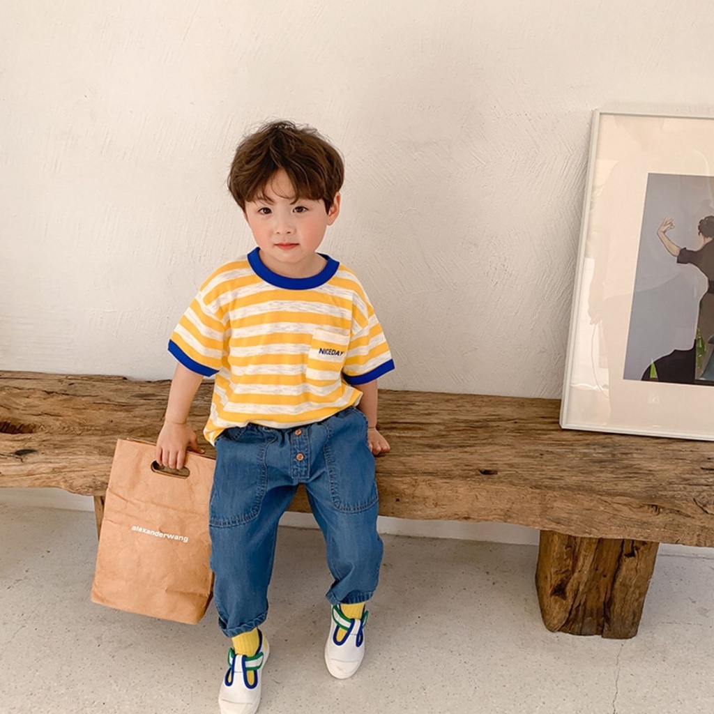 Áo Thun Tay Ngắn Dáng Rộng Họa Tiết Kẻ Sọc Thiết Kế Mới Thời Trang Mùa Hè Theo Phong Cách Hàn Quốc