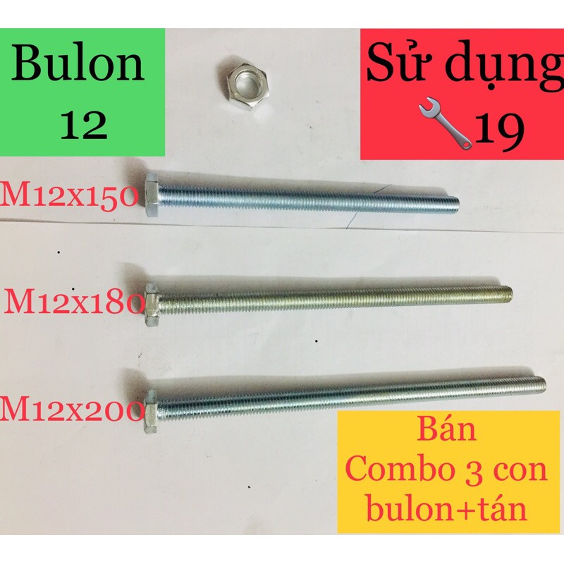 3 bộ bulon + tán M12| size M12x150mm /M12x180mm/ M12x200 mm