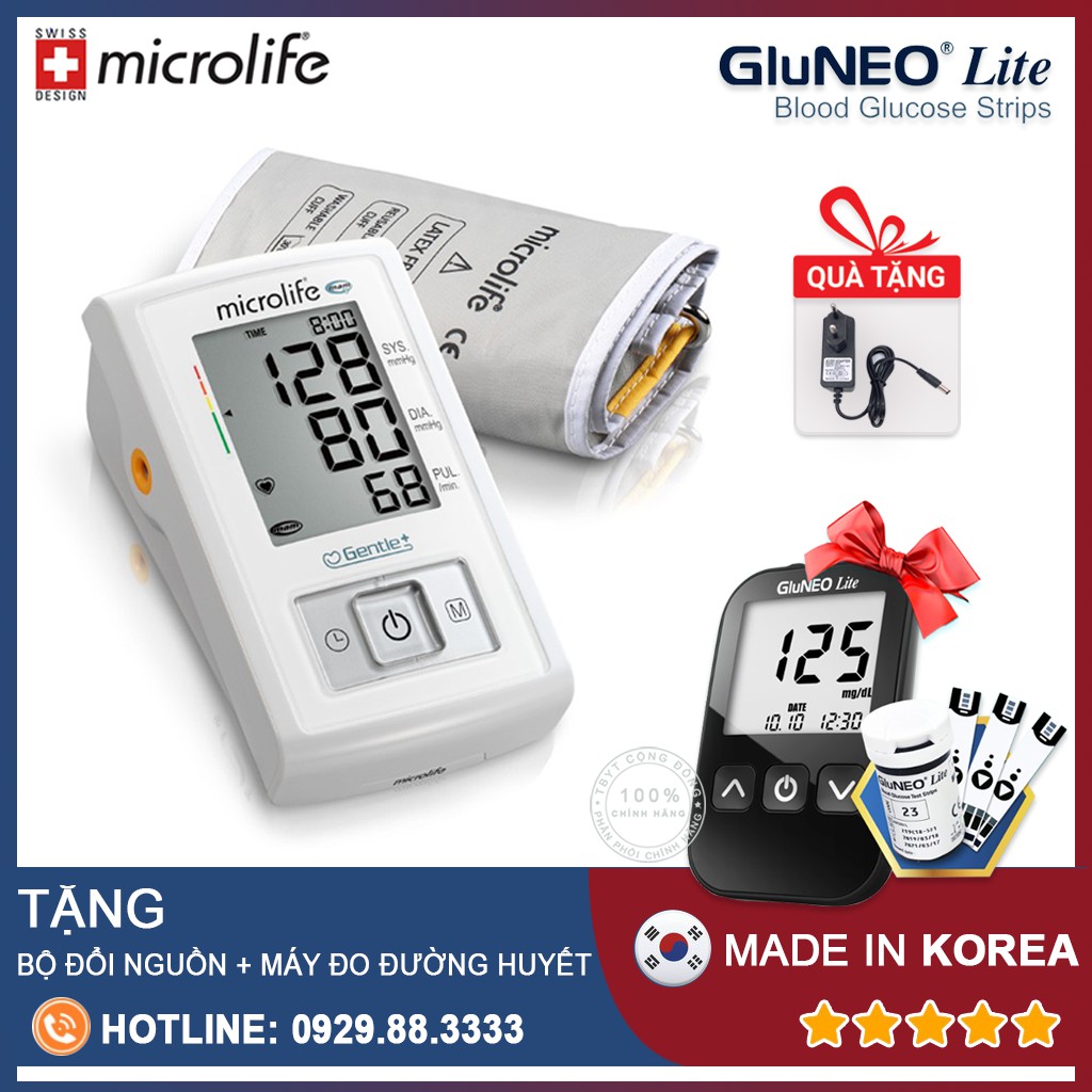 Máy Đo Huyết Áp Bắp Tay Microlife A3 Basic ( Kèm Bộ Đổi Nguồn ) + Tặng máy đo đường huyết Gluneo Lite Hàn Quốc