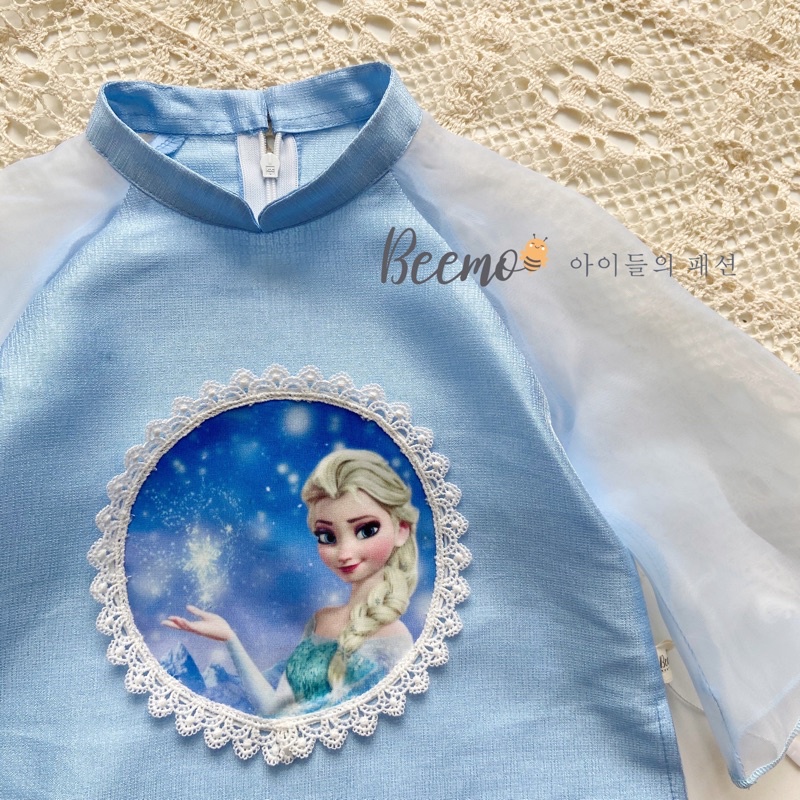 (8-23kg)Set Áo Dài Bé Gái In Hình Elsa Và Chân Váy Trắng Hàng Chính Hãng Beemo(ảnh thật)