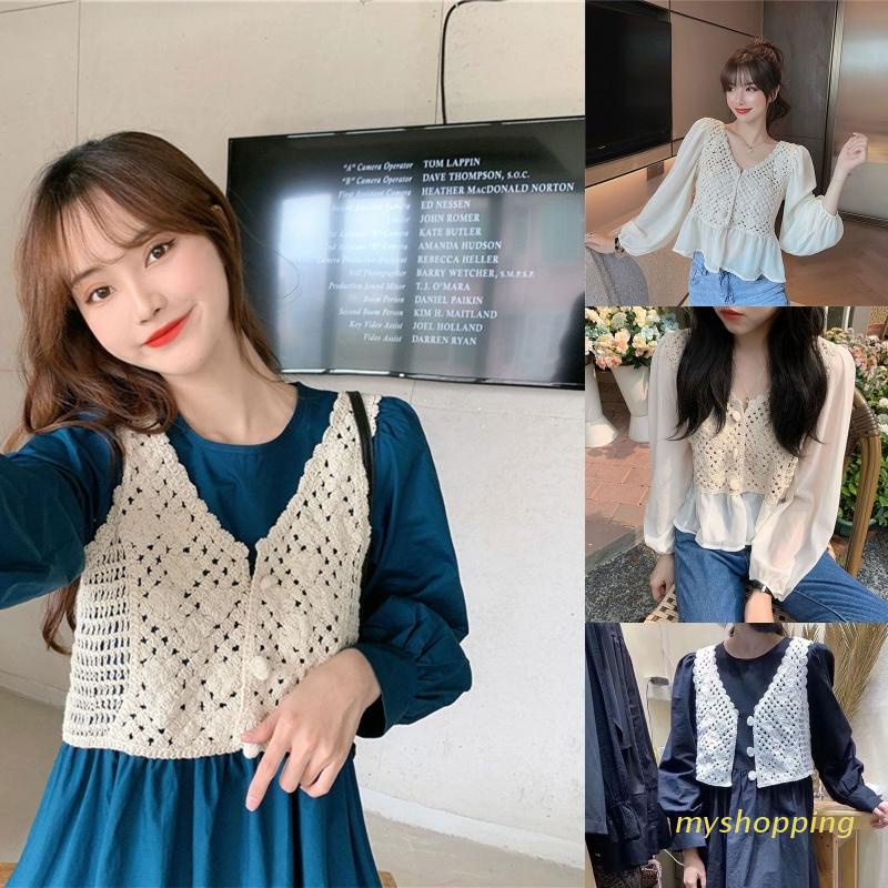 Áo Vest Đan Len Peplum Dệt Kim Tay Dài Phồng Cổ Chữ V Phối Bèo Thời Trang Cho Nữ