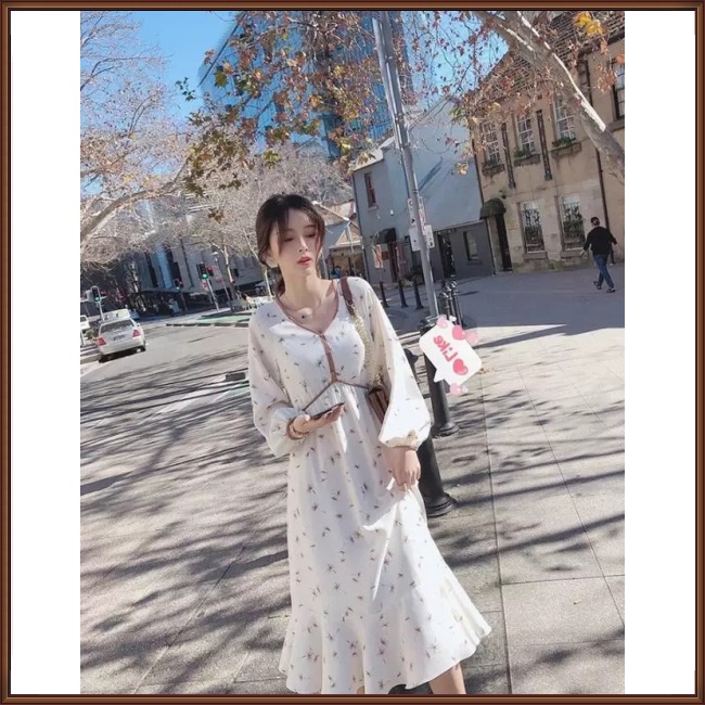 Đầm Midi Chiffon Tay Dài Dáng Ôm In Họa Tiết Hoa Ngọt Ngào Xinh Xắn Cho Nữ