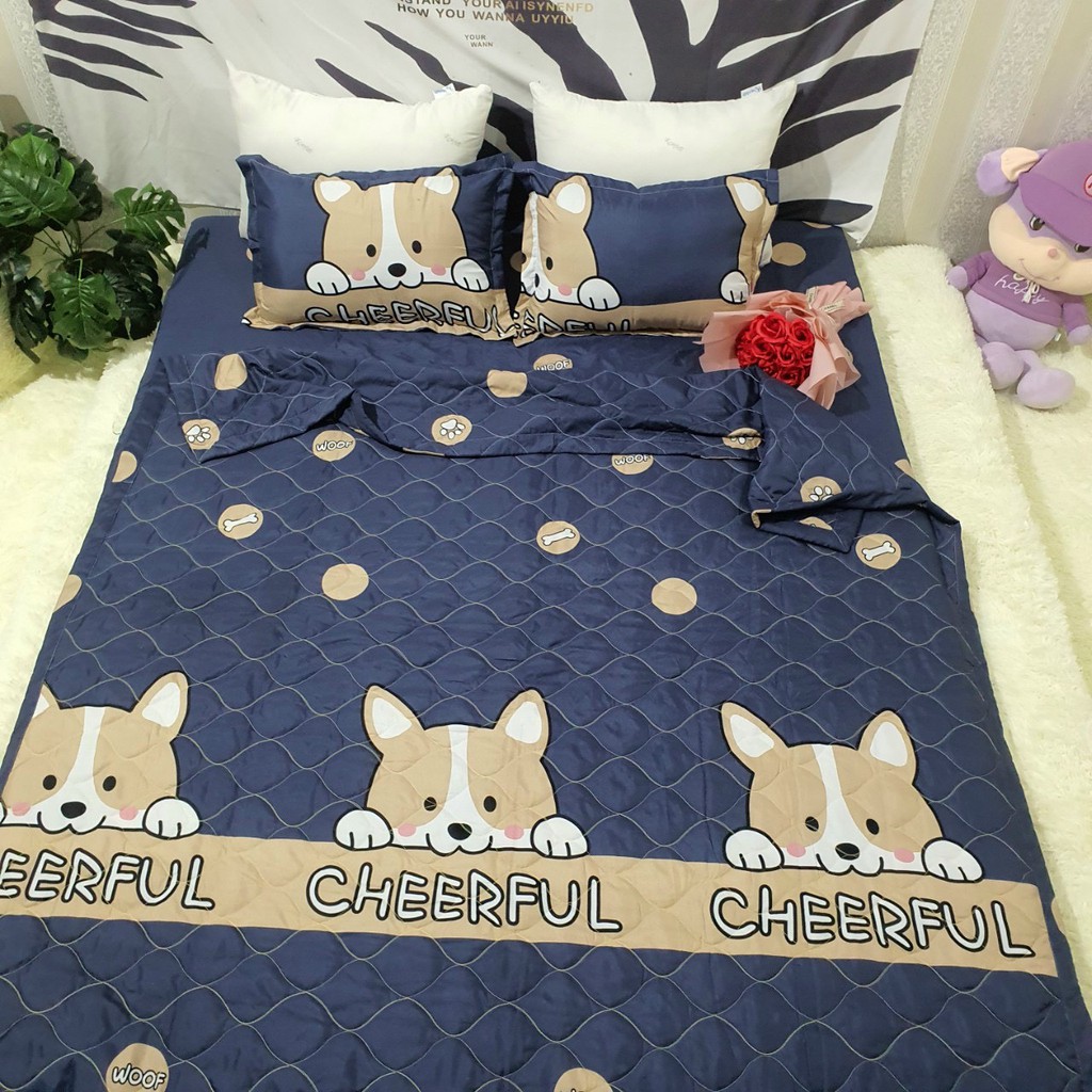 Set 4 Chăn Hè Trần Bông Kèm Ga Gối Poly Cotton Mẫu CÚN CHEERFUL XANH BIỂN