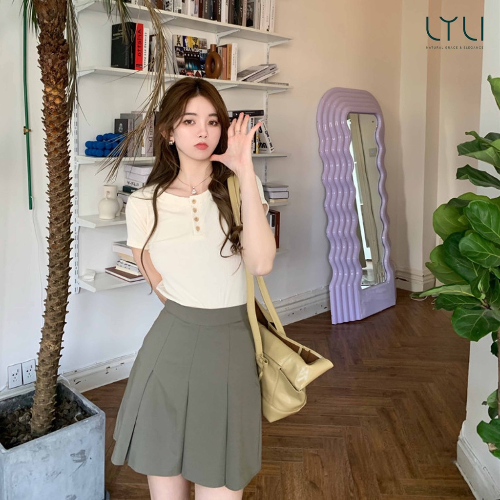 Set đồ 2 món Áo thun croptop ngắn tay ôm sát - Chân Váy tennis chất Kaki xếp ly Lylibeauty chất áo cotton co giãn TL30
