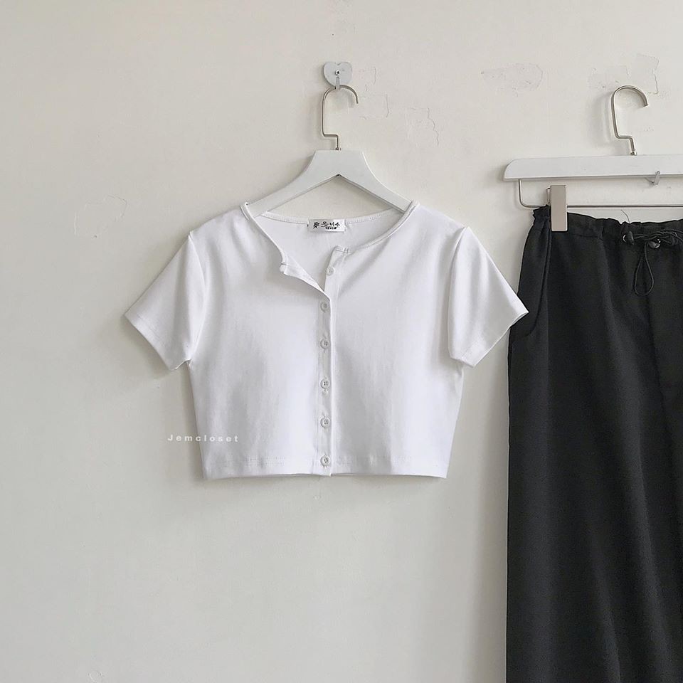 Áo Thun Croptop Tay Ngắn Form Ôm JEM CLOSET Áo Croptop Cổ Tròn Cúc Cài Chất Vải Co Dãn Trơn 3 Màu Trắng Đen Xanh Bơ 1475