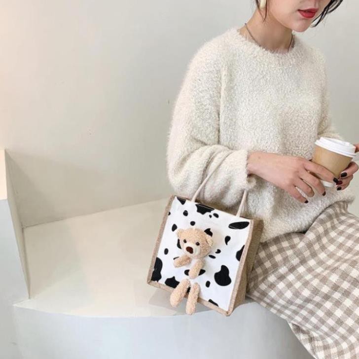 Túi cói xách tay nữ hình GẤU bông kute Hàn Quốc vải dệt lanh canvas túi xinh cho bé đi chơi biển giá rẻ Tuidepstore