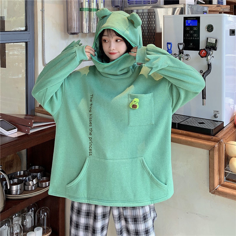 Áo Hoodie Lót Nhung Dày Dặn In Hình Chú Ếch Đáng Yêu Hợp Mùa Thu Đông