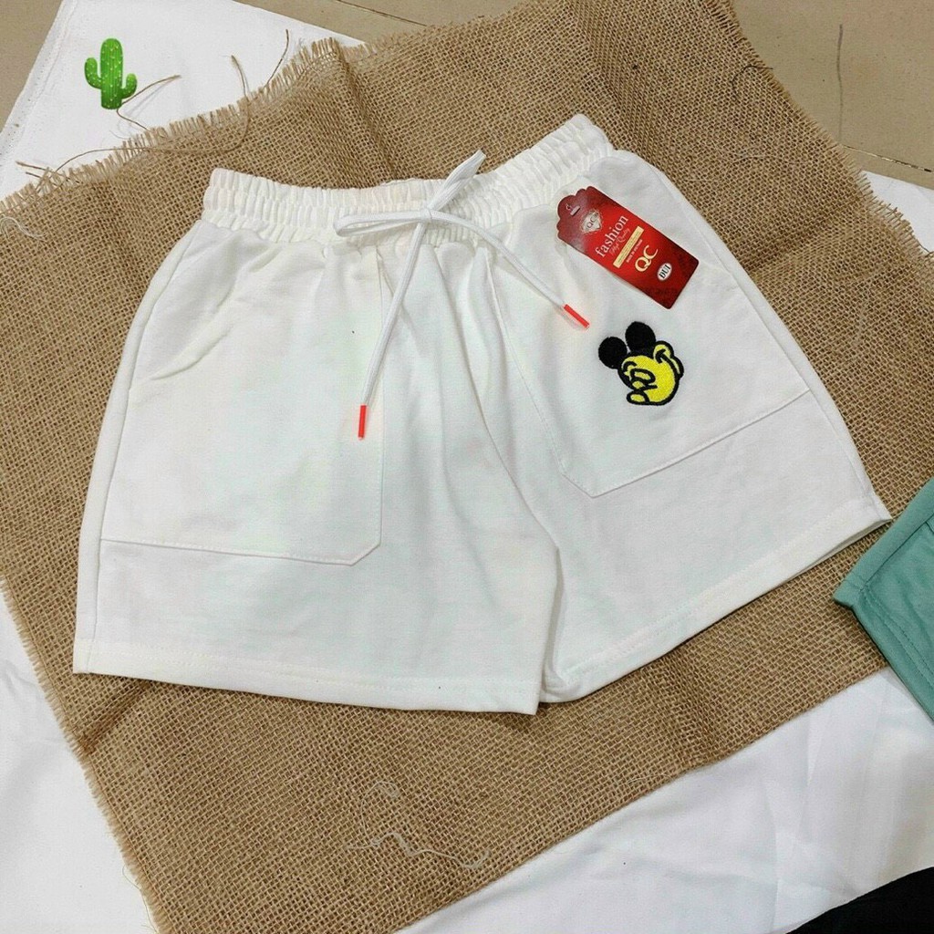 Quần shorts thêu hình chuột hoạt hình cực xinh , chất thun da cá mềm mịn