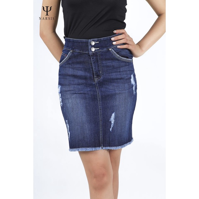 Chân váy bò nữ Narsis B7011 xước xanh đậm cúc đôi