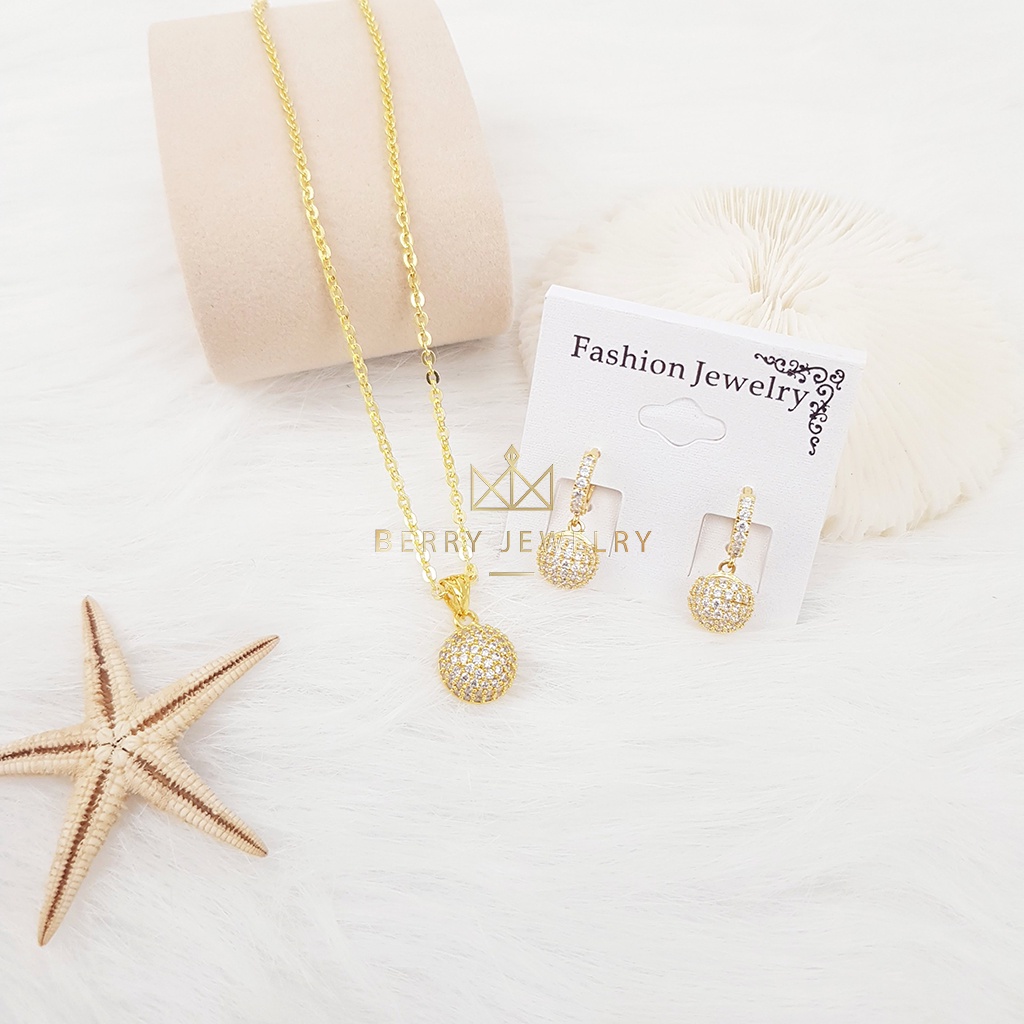 Set Dây Chuyền Nữ Kèm Khuyên Tai Tròn Charm Dây Xích Nhỏ Mặt Cầu Bi Đính Đá Sang Trọng