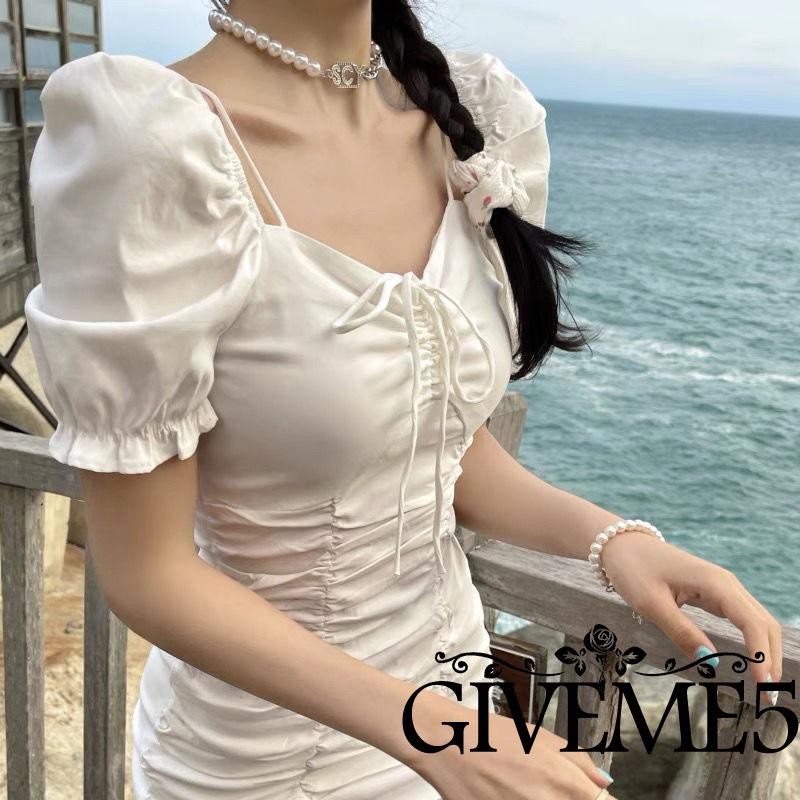 Đầm Mini Tay Phồng Màu Trơn Phối Dây Rút Thời Trang Mùa Hè Quyến Rũ Cho Nữ