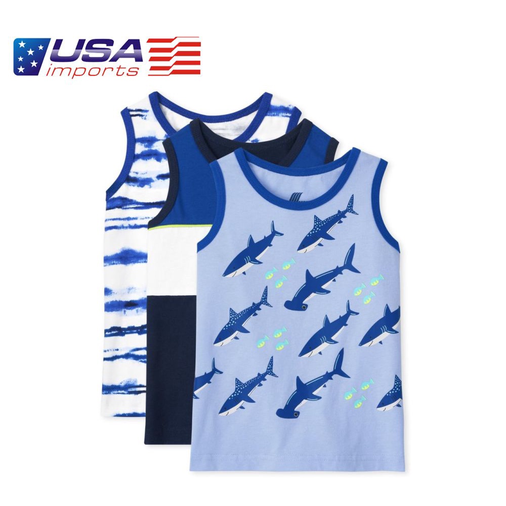 Set 3 áo thun sát nách hoạ tiết xanh loang cá mập Children's Place Auth Từ Mỹ (3031741_BQ)