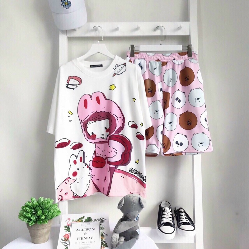 Đồ Bộ Hoạt Hình Set Cartoon Đùi THỎ TRẮNG ĐEN mặc nhà from rộng Unisex Freesize 38-70kg Nam nữ
