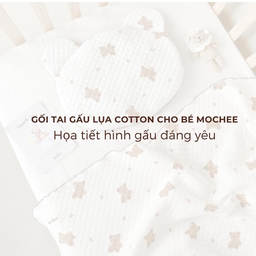 Gối tai gấu lụa cotton Mochee cho bé họa tiết mềm mại